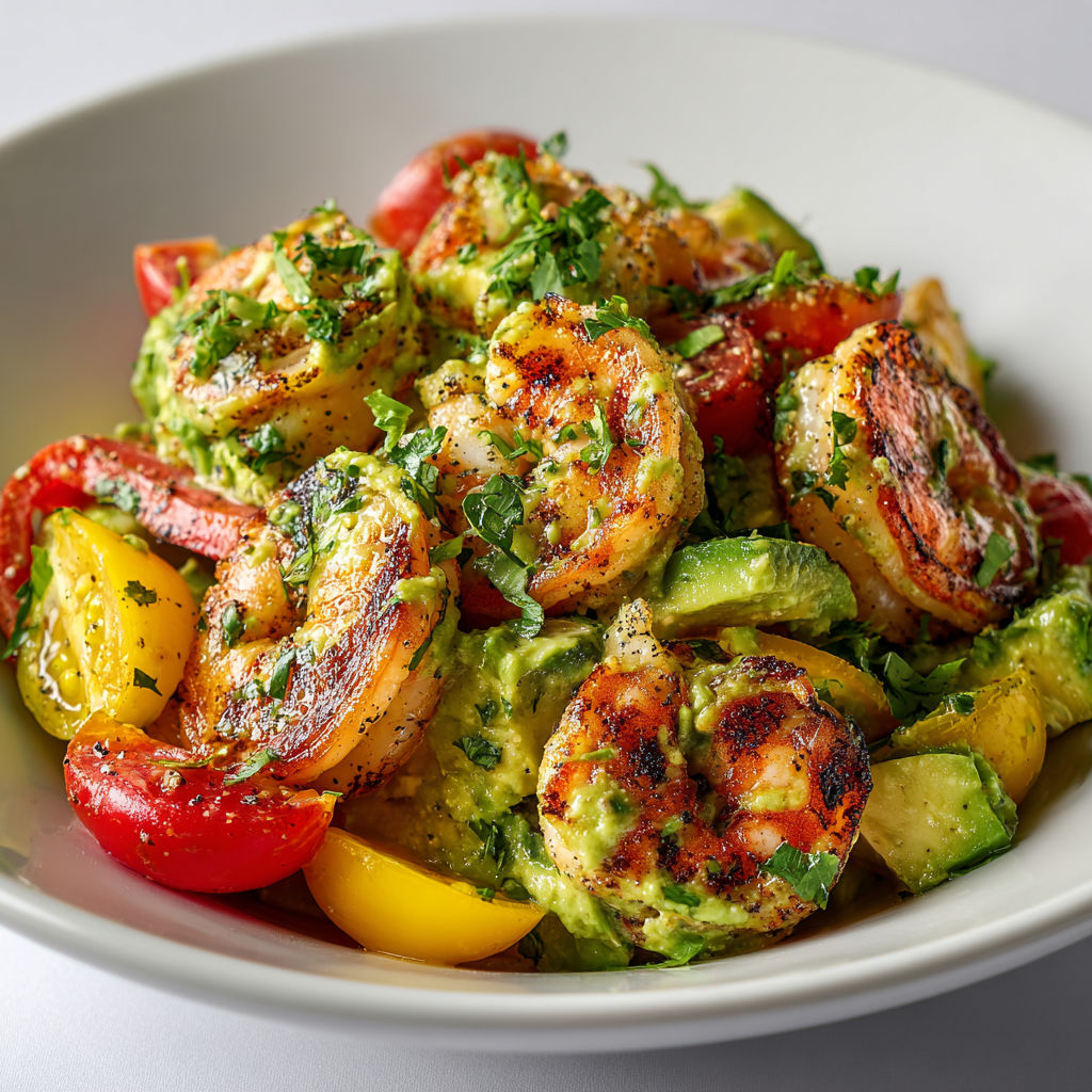 Une salade de Crevettes grillées au barbecue et salade fraîche d’avocat, lime et coriandre.