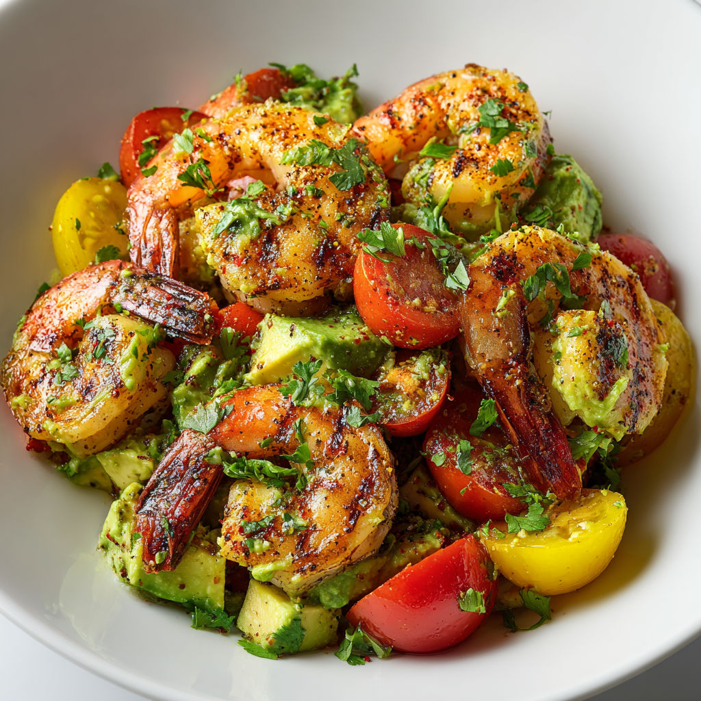 Salade d’avocat aux crevettes grillées, vinaigrette citron vert et légumes croquants.