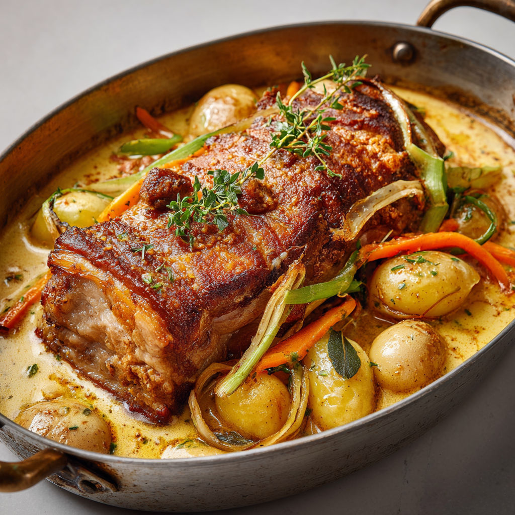 Rôti de cochon de lait à la moutarde à l’ancienne et légumes fondants en julienne.