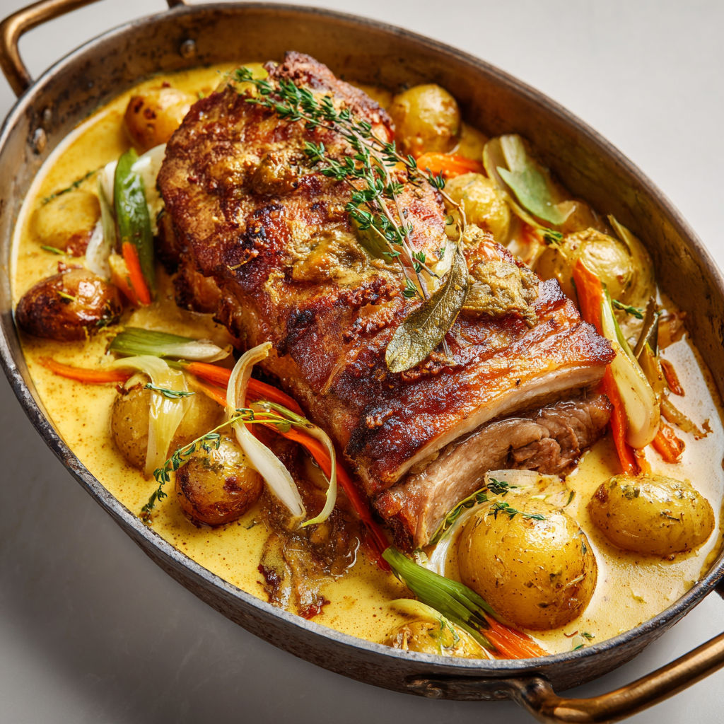 Rôti de porc de lait mijoté au vin blanc, moutarde en grains et légumes julienne crémeux.