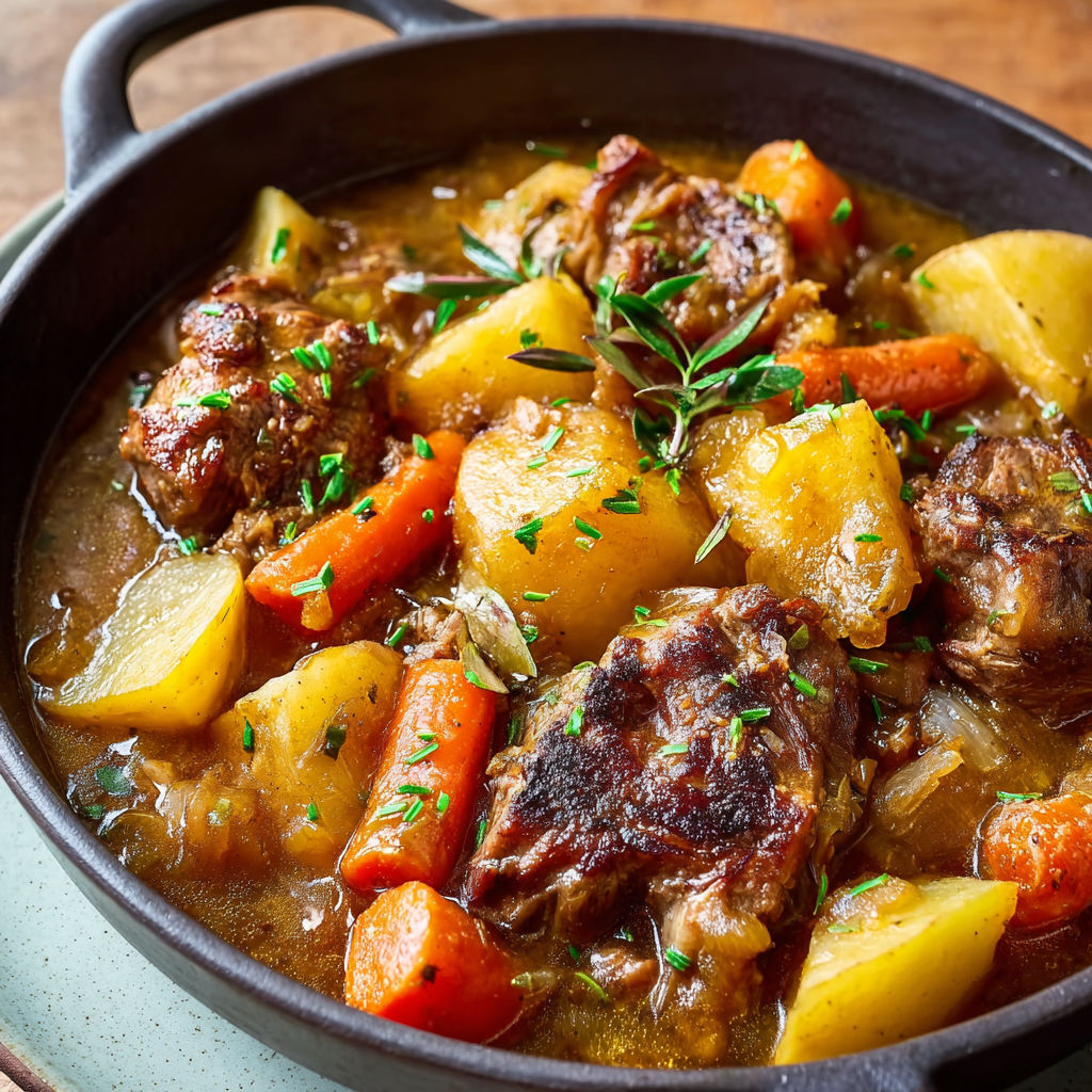 Ragoût irlandais à l’agneau mijoté, légumes rustiques et bouillon savoureux.