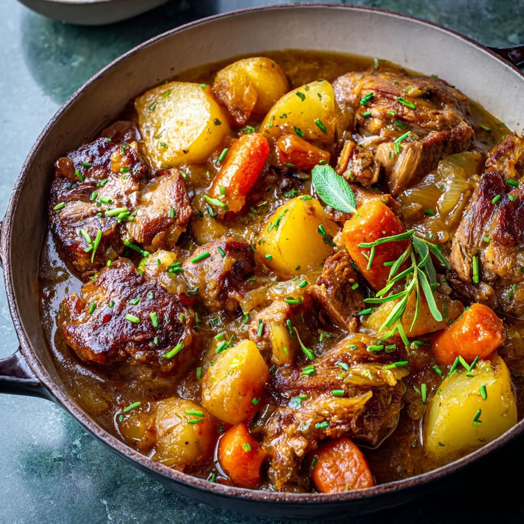 Irish stew traditionnel : ragoût d’agneau fondant aux pommes de terre et carottes.