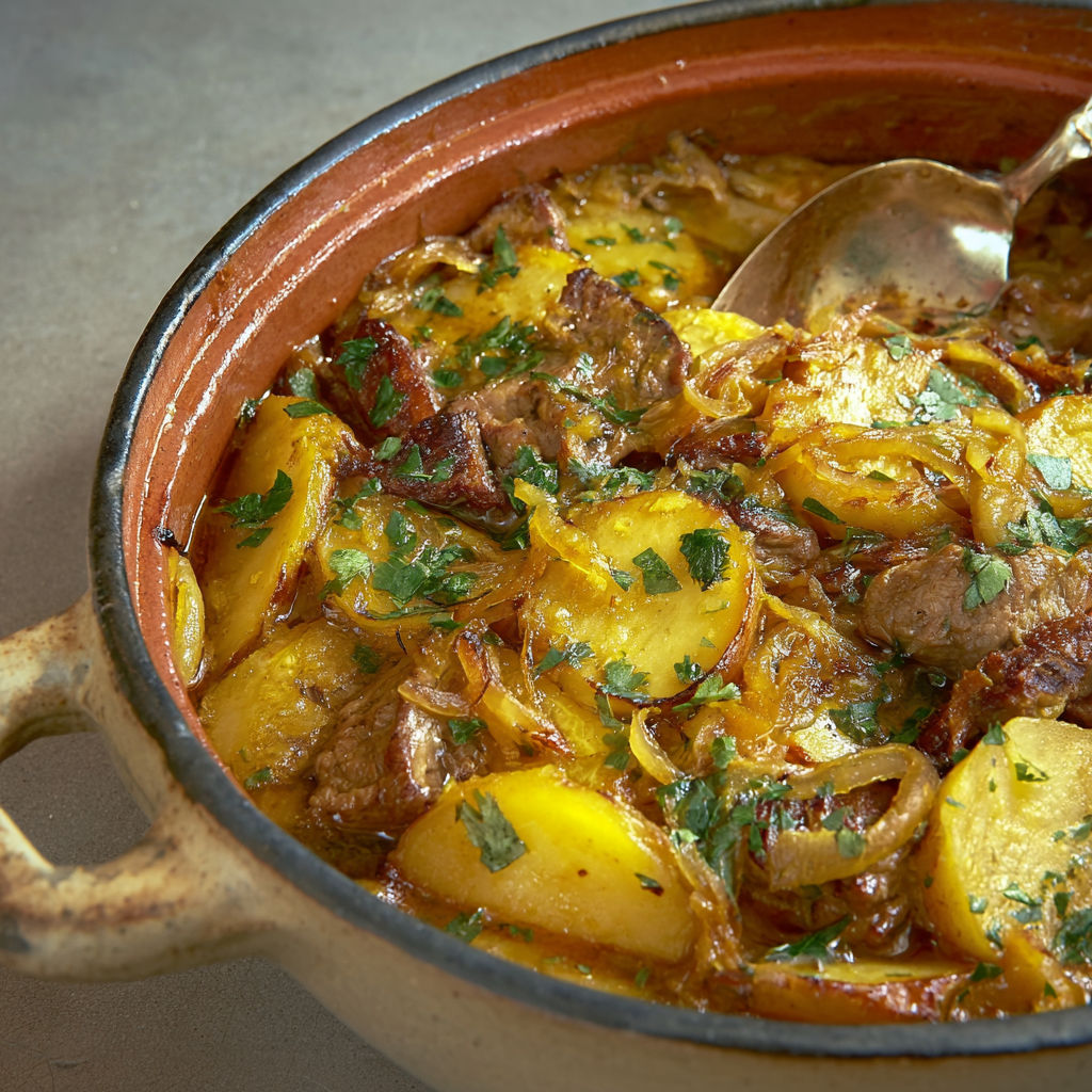 Baeckeoffe d’agneau traditionnel aux épices chaudes et pommes de terre fondantes.