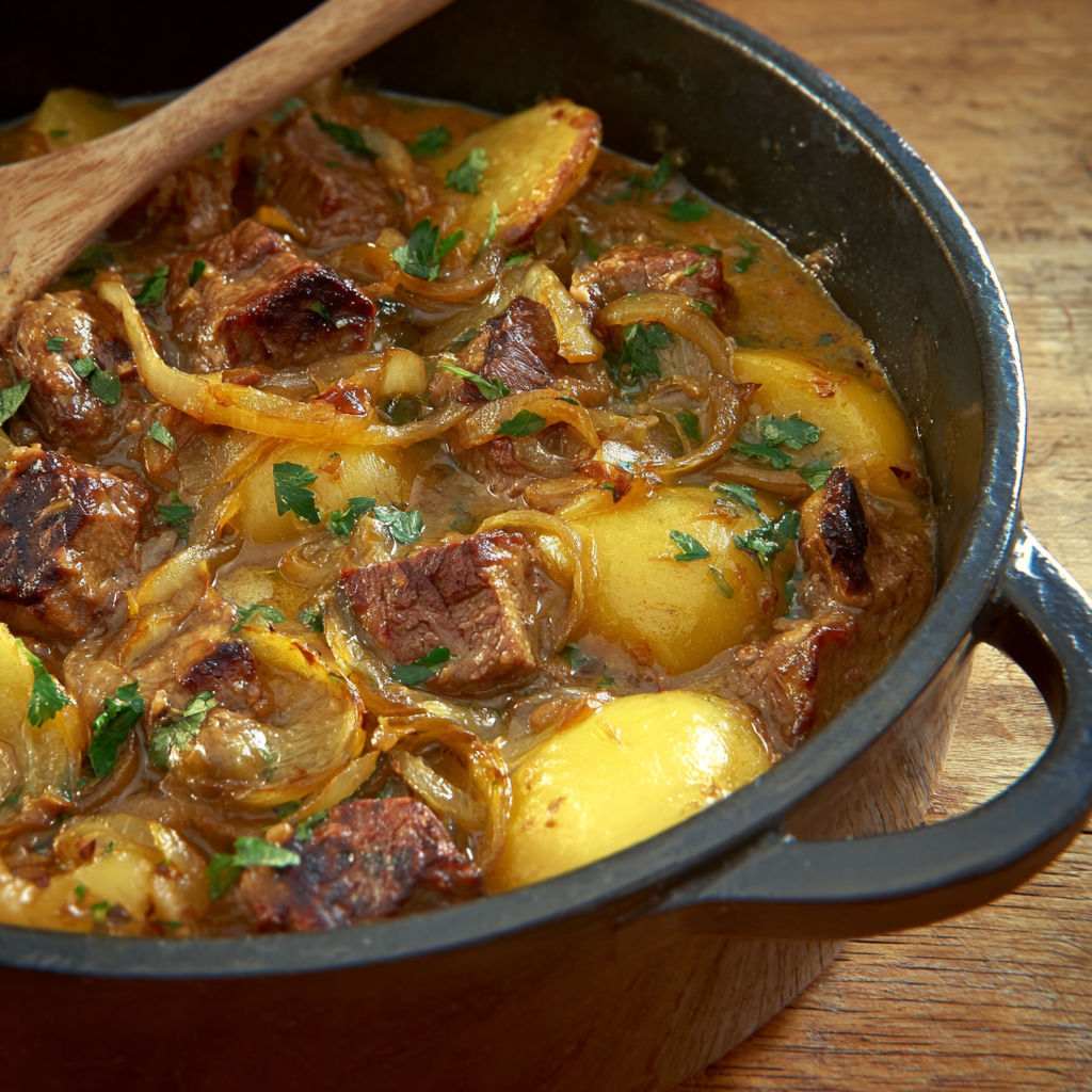 Cocotte d’agneau façon baeckeoffe, pommes de terre et mélange d’épices réconfortant.