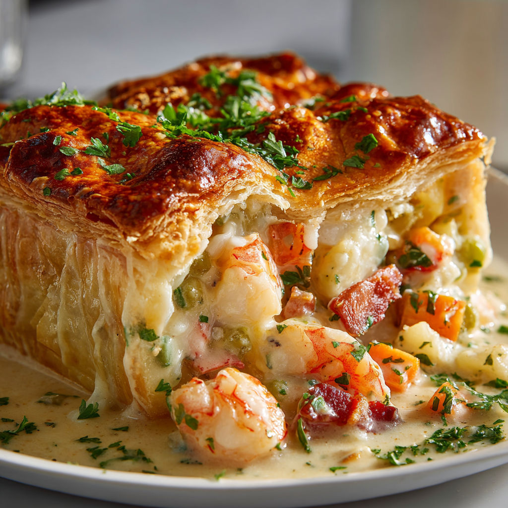 Tourte crémeuse des îles de la Madeleine, mélange de homard et fruits de mer sous pâte brisée dorée.