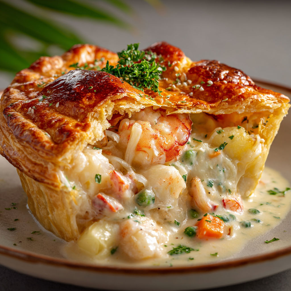 Tourte marine des îles de la Madeleine aux fruits de mer et pâte dorée maison.