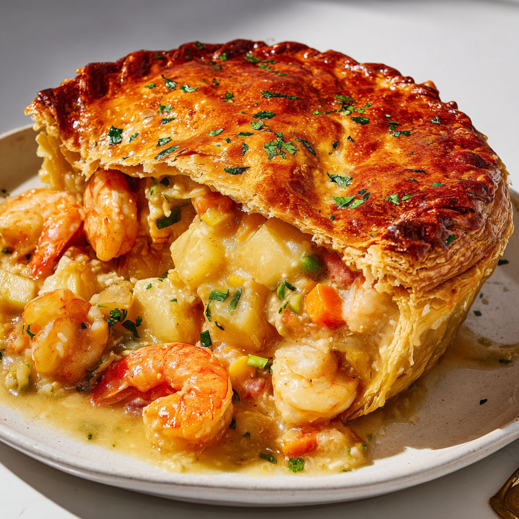 Pot pie canadien aux fruits de mer, homard, crevettes et pétoncles en croûte croustillante.