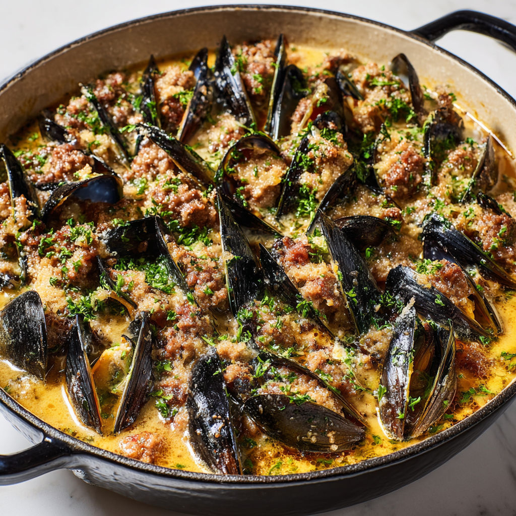 Une casserole de moules à la saucisse façon Hortense, avec des herbes et des légumes.