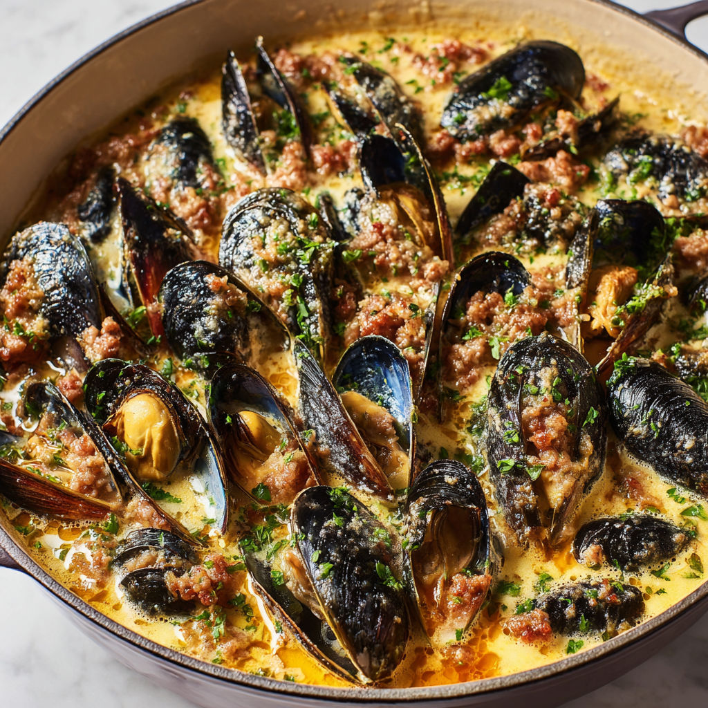 Moules gourmandes à la saucisse, jambon serrano et vin blanc parfumé.
