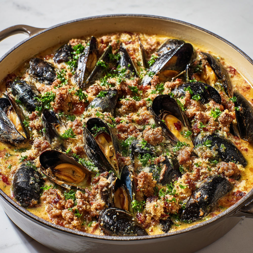 Casserole de moules rustique à la saucisse, chapelure dorée et sauce au vin blanc.