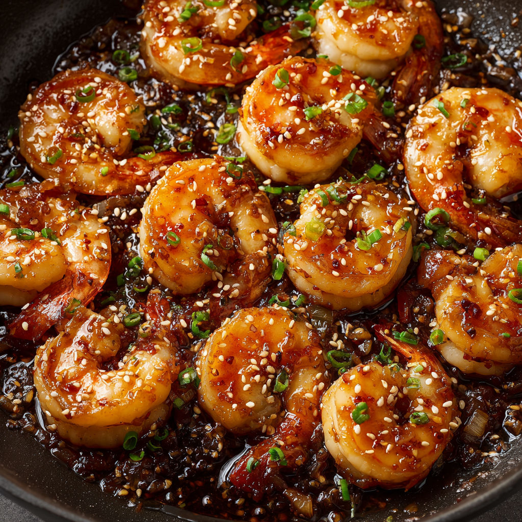 Crevettes laquées au miel et lime, sauce sucrée-salée au sésame et piment doux.