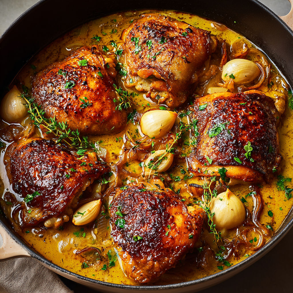 Des cuisses de poulet braisées à l'érable, à l'ail et au vin blanc dans un bol.
