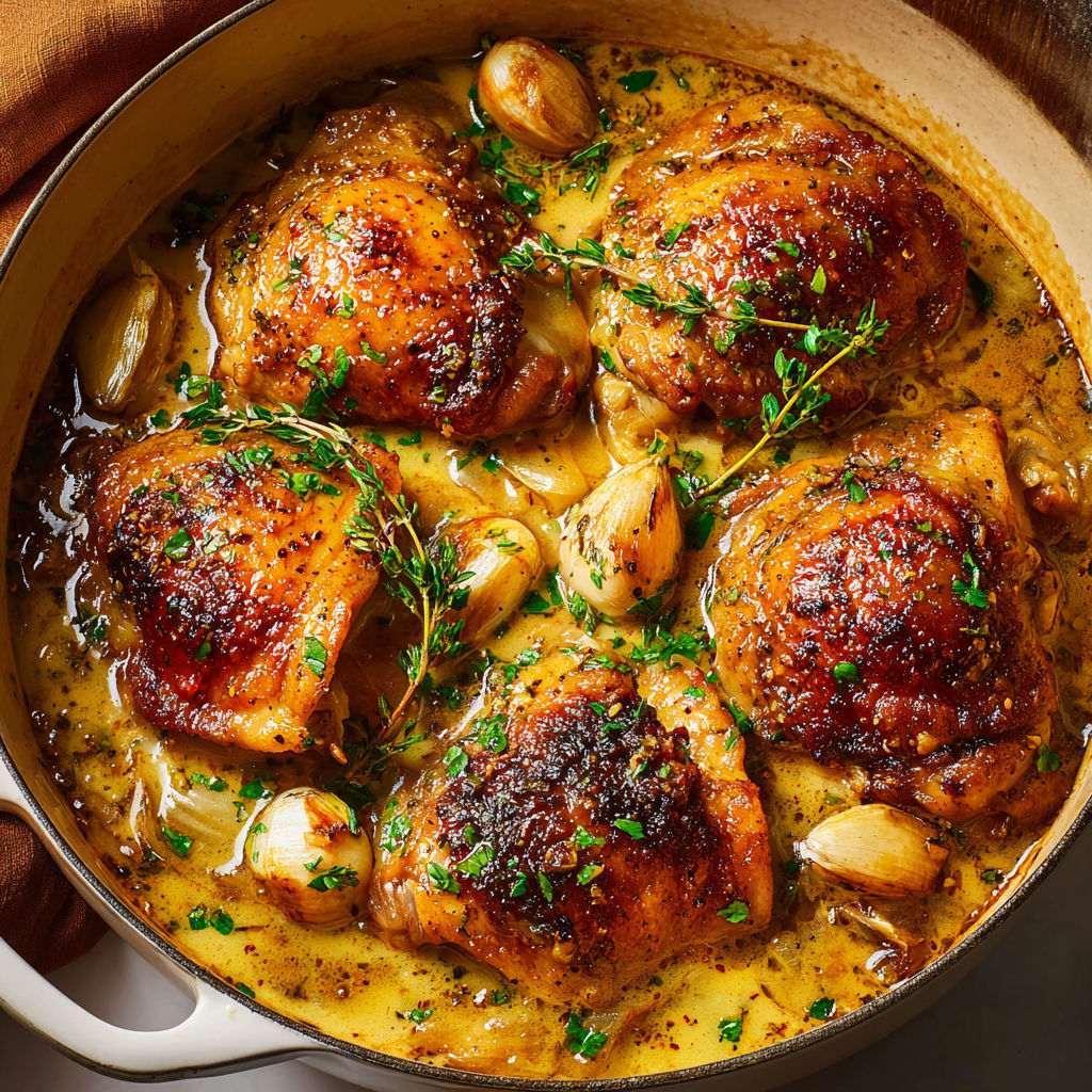 Cuisses de poulet braisées au sirop d’érable, ail confit et sauce au vin blanc.