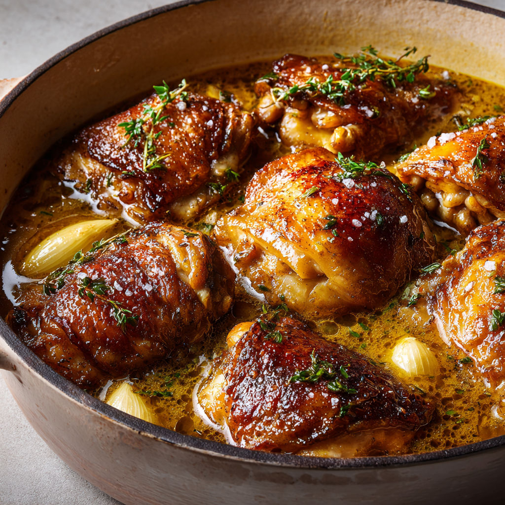 Poulet mijoté à l’érable et à la moutarde de Dijon, cuisson lente au vin blanc.