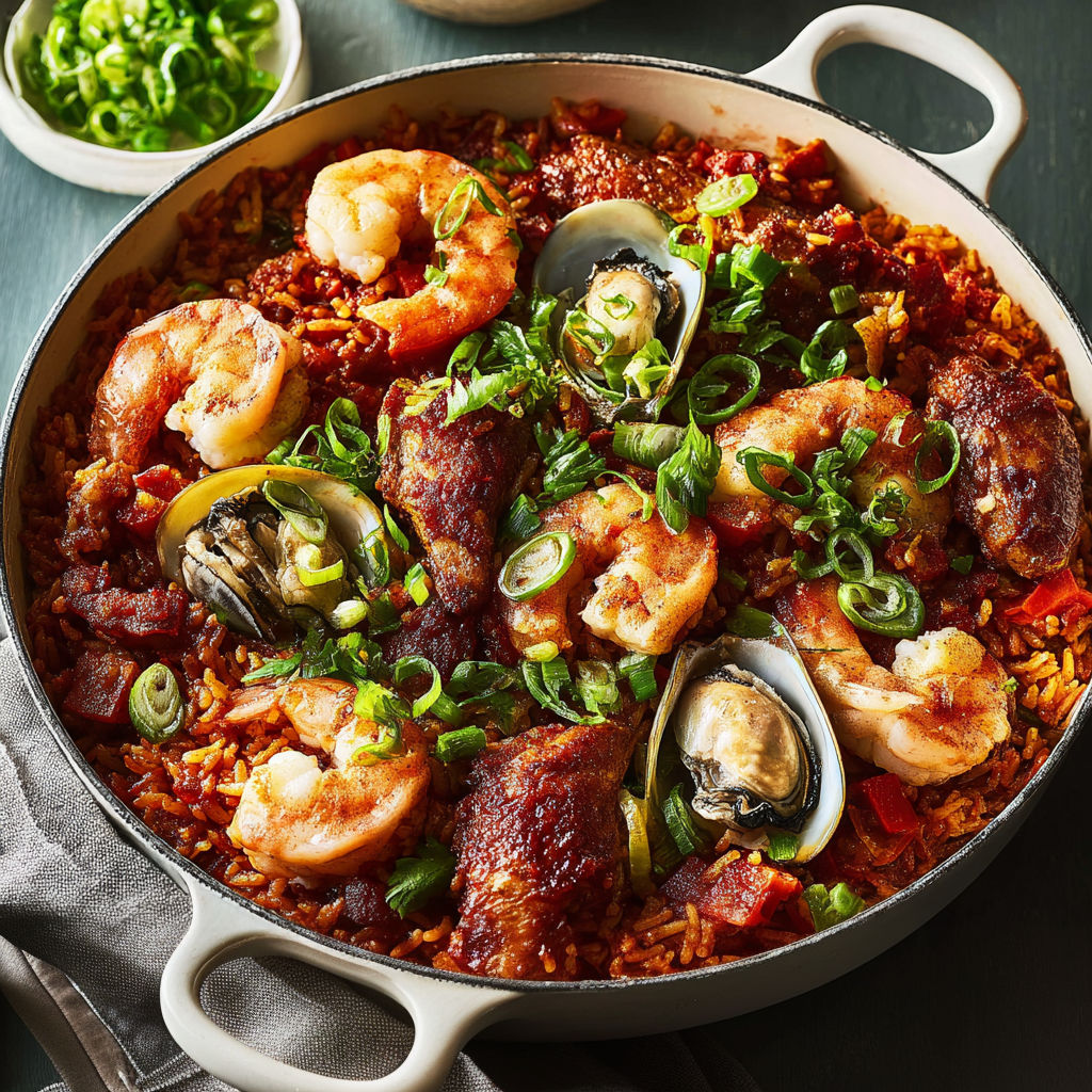Grande poêlée cajun au riz, crevettes, ailes de poulet et saveurs créoles