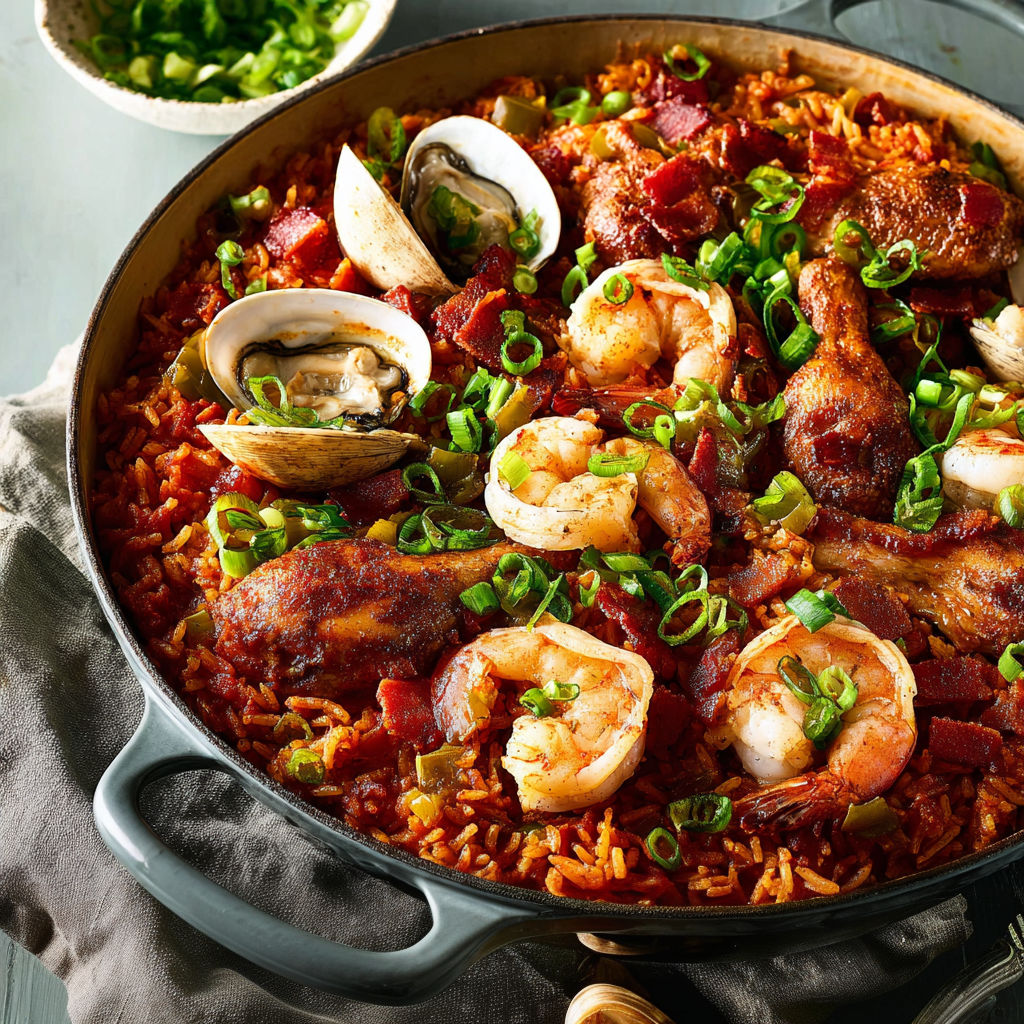 Jambalaya cajun aux crevettes, poulet croustillant et bacon fumé.