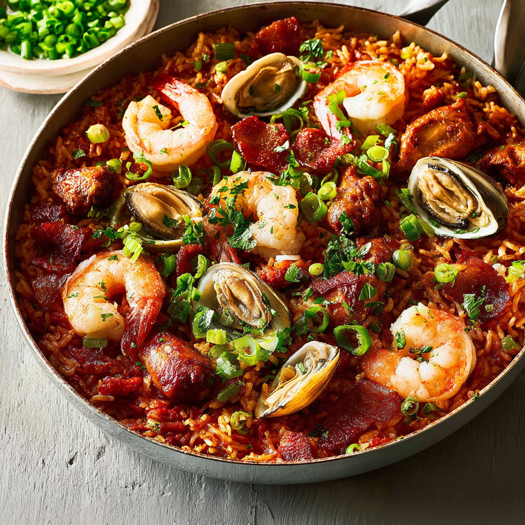 Riz jambalaya épicé façon Louisiane aux fruits de mer et légumes mijotés.