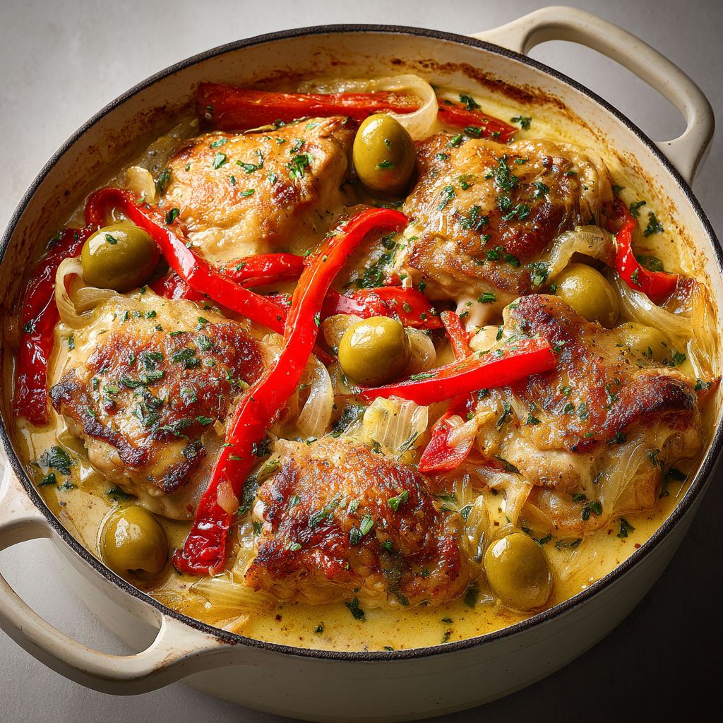 Poulet mijoté aux olives vertes et poivrons grillés, sauce moutarde fondante.