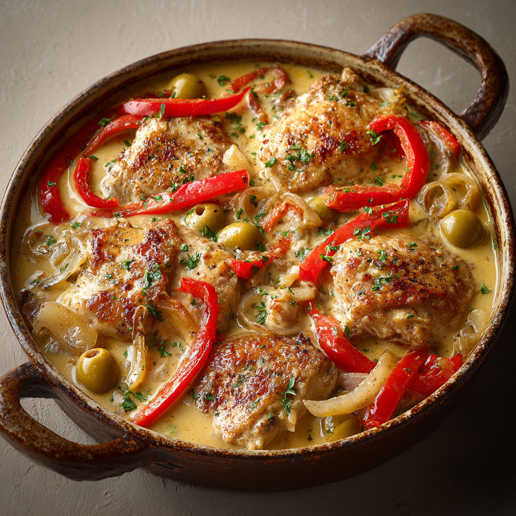 Poulet tendre à la mijoteuse, olives et poivrons rouges dans une sauce parfumée.