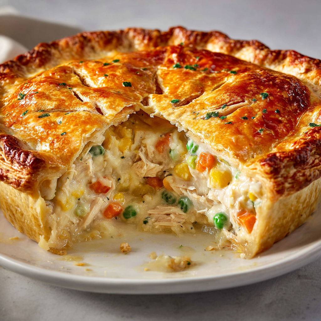 Tourte au poulet maison façon traditionnelle, sauce béchamel crémeuse et légumes.