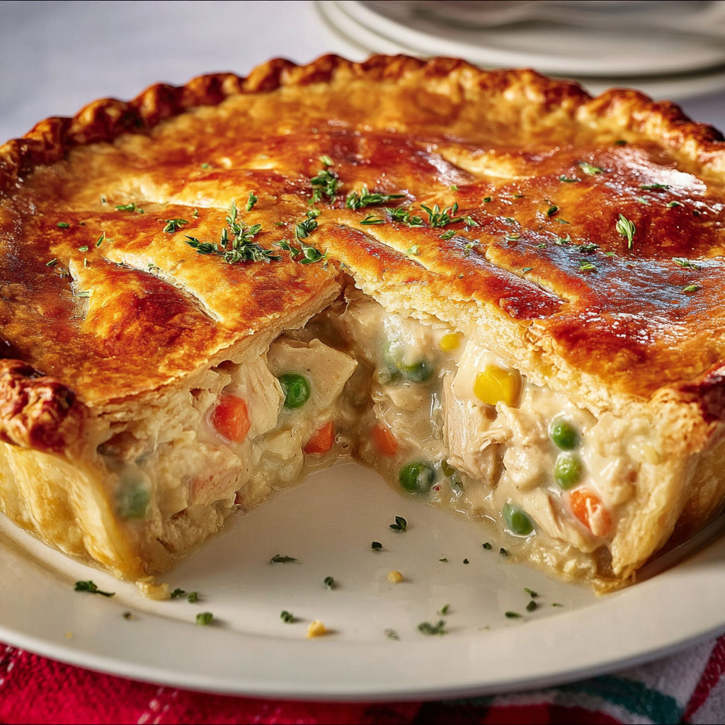 Pâté au poulet classique en croûte dorée, garniture crémeuse aux légumes et poulet tendre.