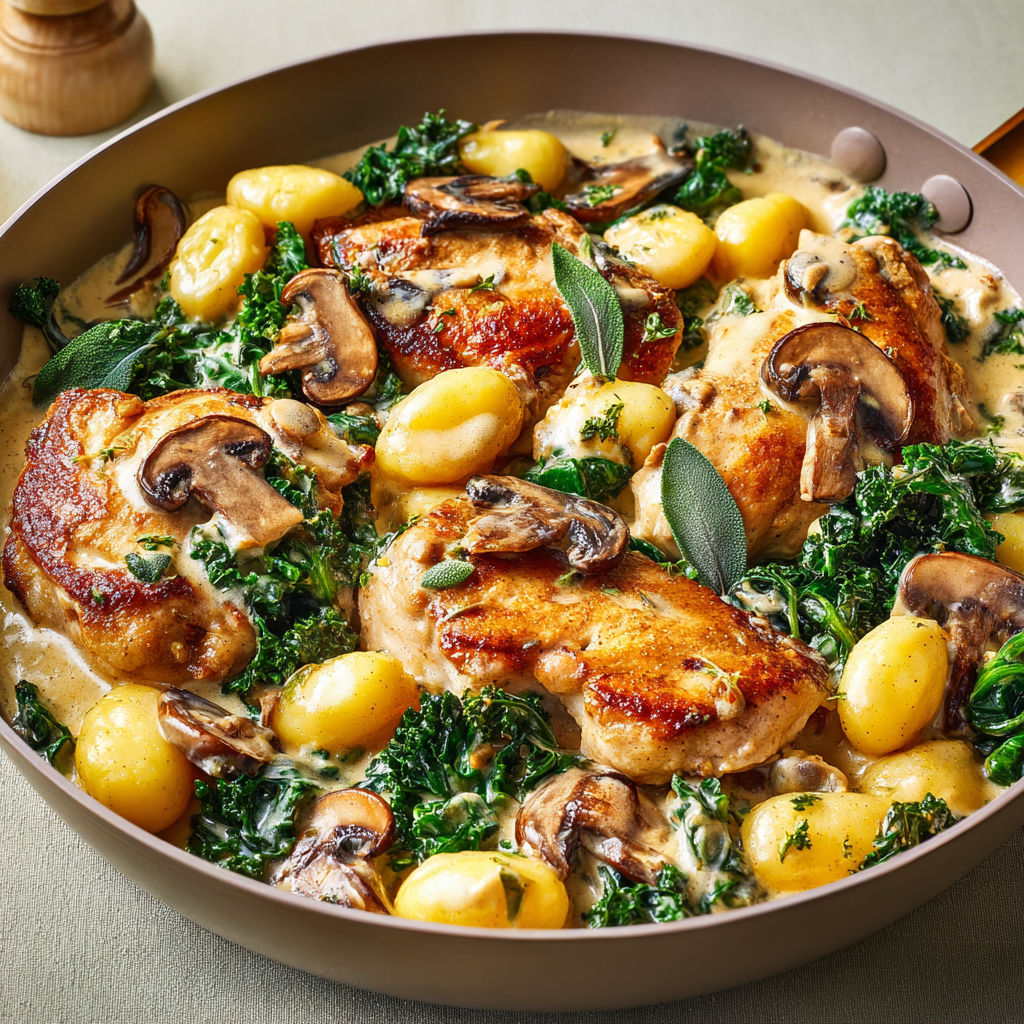 Gnocchis crémeux au poulet et champignons, kale fondant à la sauce vin blanc.