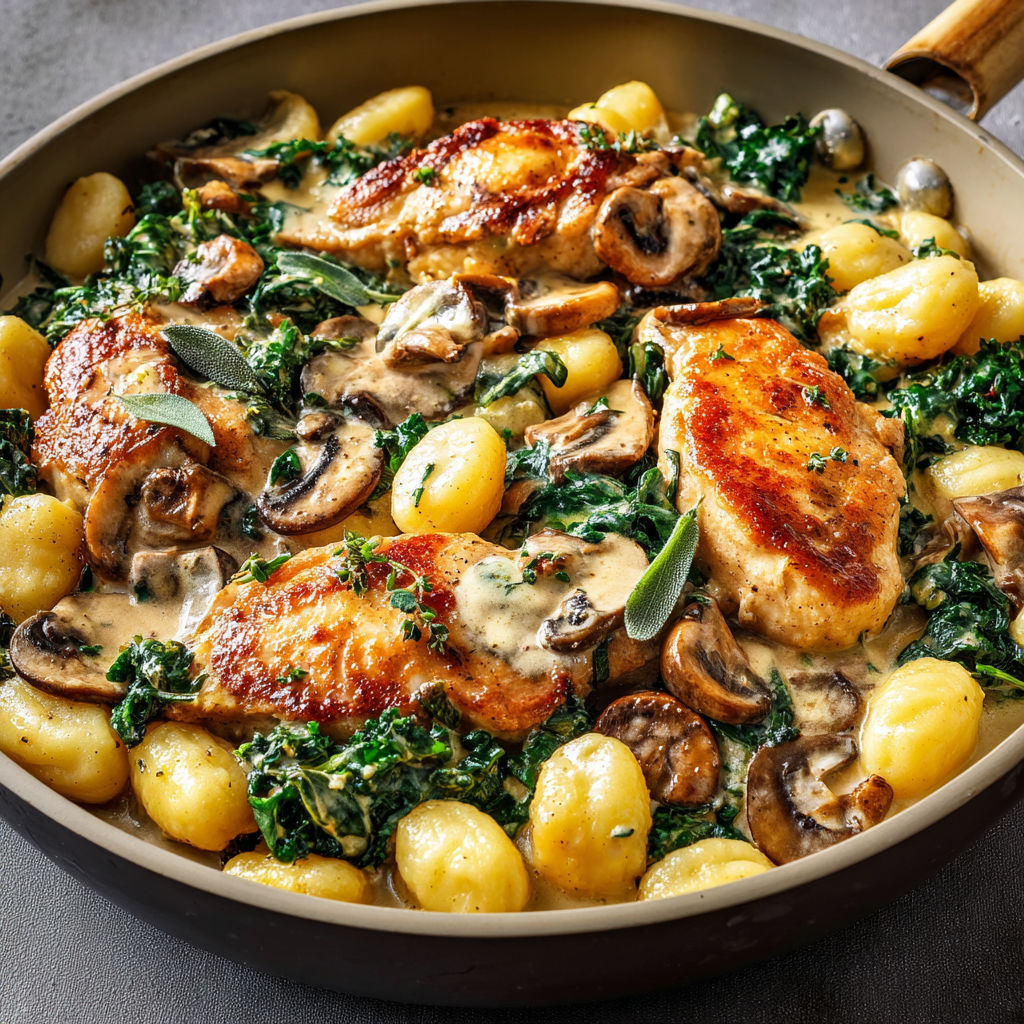 Poêlée de poulet aux gnocchis et kale, sauce crémeuse aux champignons et sauge.