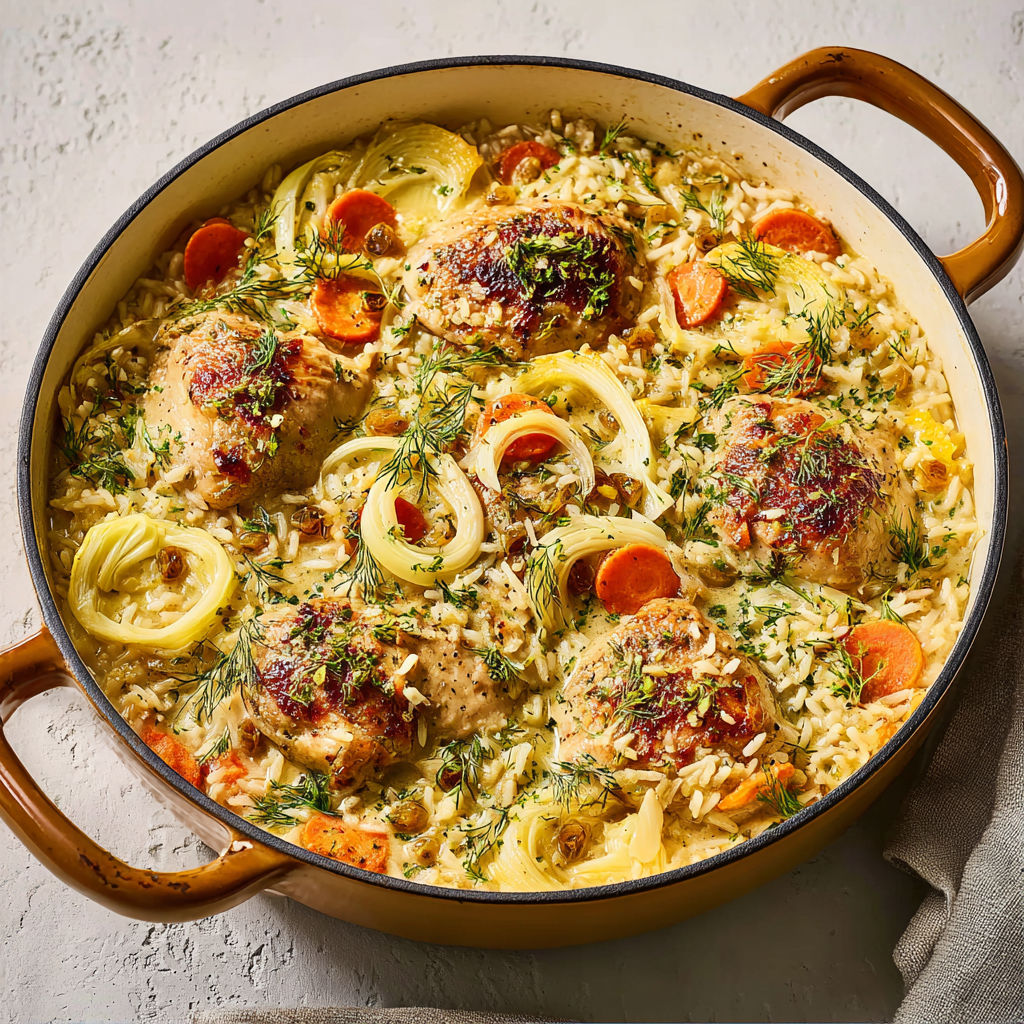 Casserole de poulet, de riz brun et de fenouil tout-en-un.