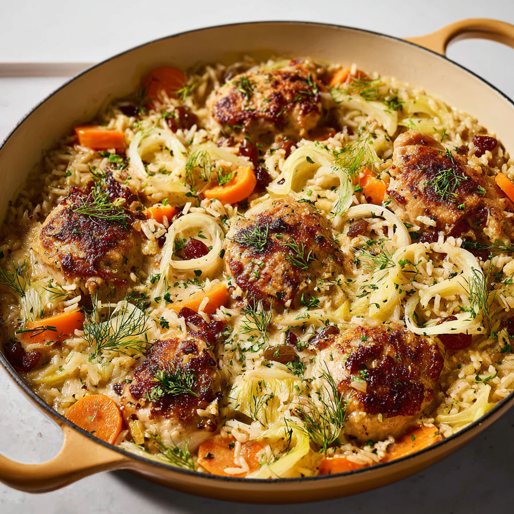 Poulet mijoté au riz brun et fenouil, casserole complète aux légumes et raisins.