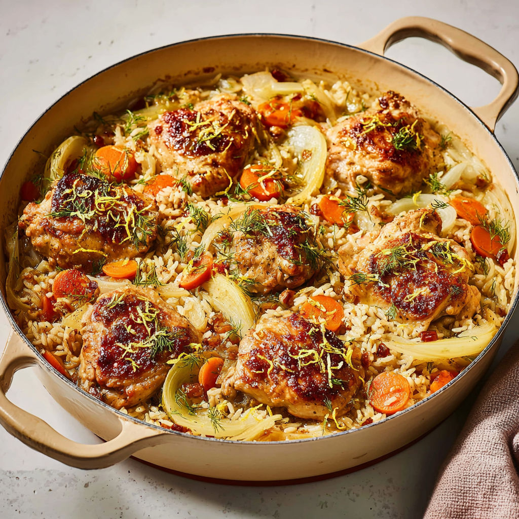 Casserole santé au poulet et riz brun, fenouil braisé et touche de parmesan citronné.
