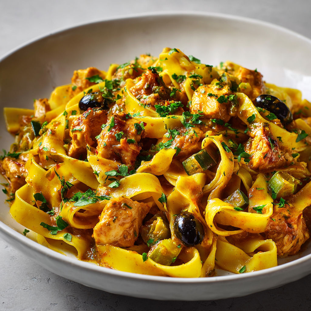 Tagliatelles au poulet façon méditerranéenne, olives et citron confit parfumé aux herbes.