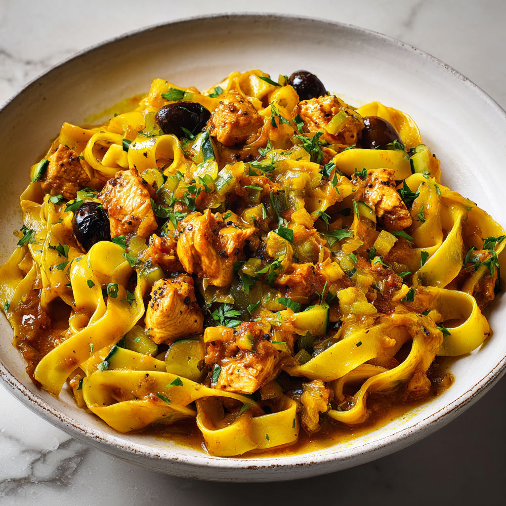 Pâtes au poulet épicé, olives et citron confit dans une sauce réduite et parfumée.