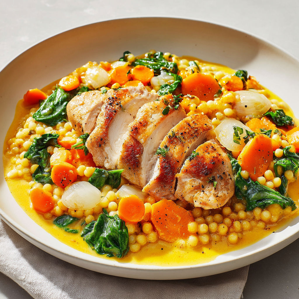 Une assiette de poulet grillé avec des légumes et des couscous crémeux.
