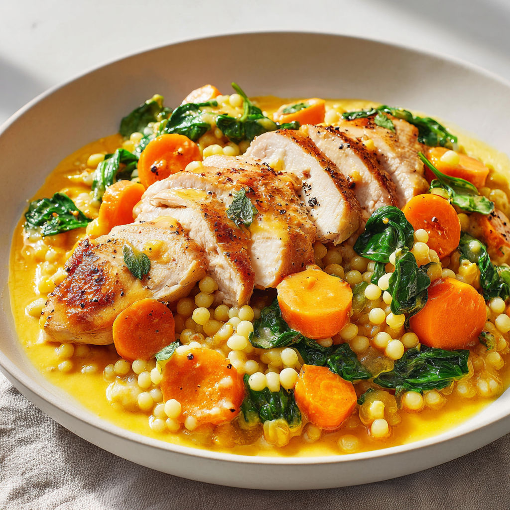 Poulet poêlé et couscous israélien crémeux au jus de carotte et parmesan.