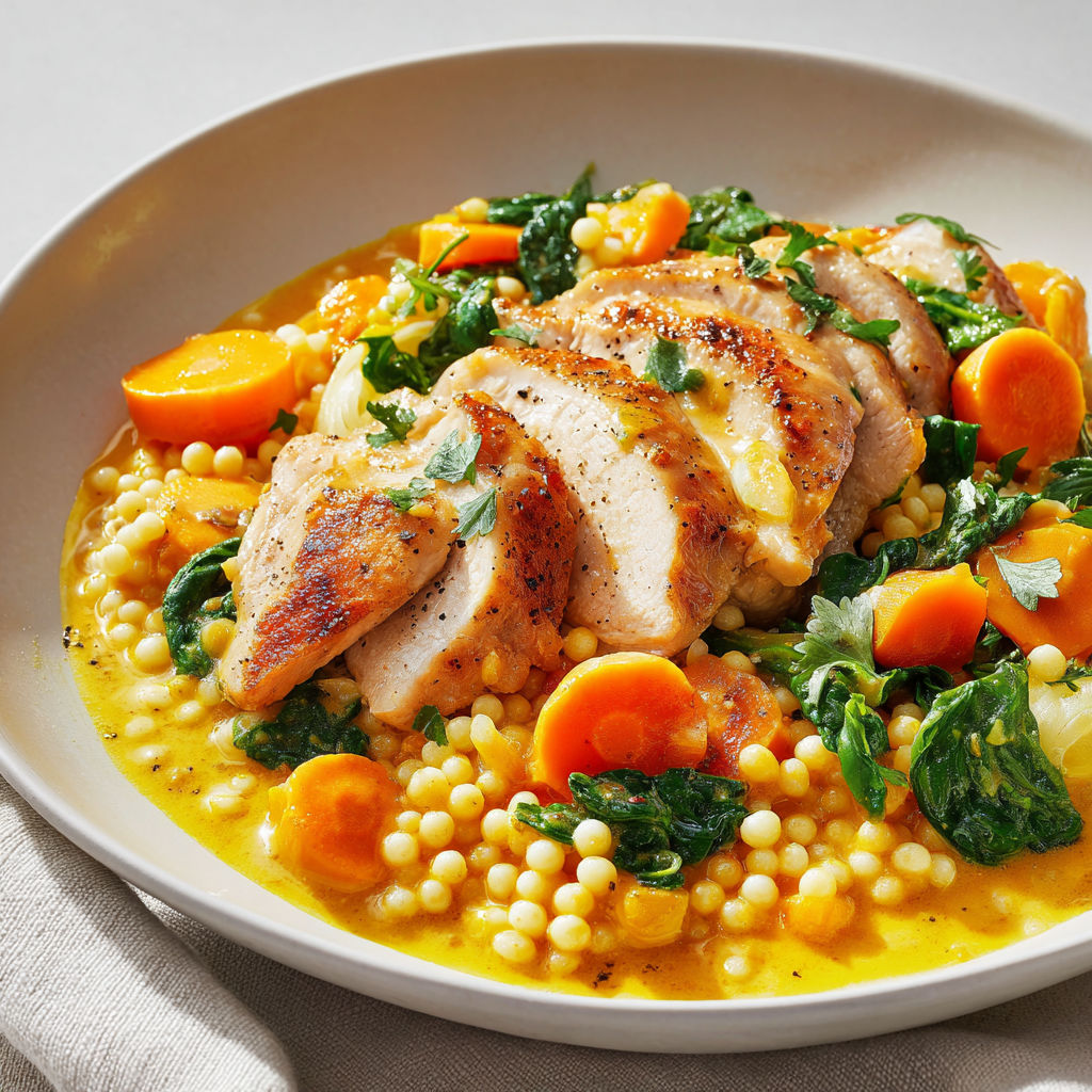 Couscous perlé au poulet et carottes, sauce crémeuse aux épinards et parmesan.