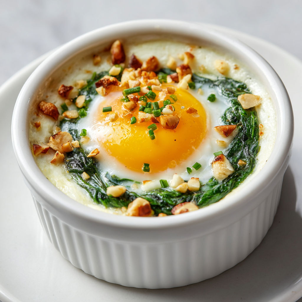 Œufs cocotte façon florentine, épinards crémeux et pilpil gourmand aux noisettes.