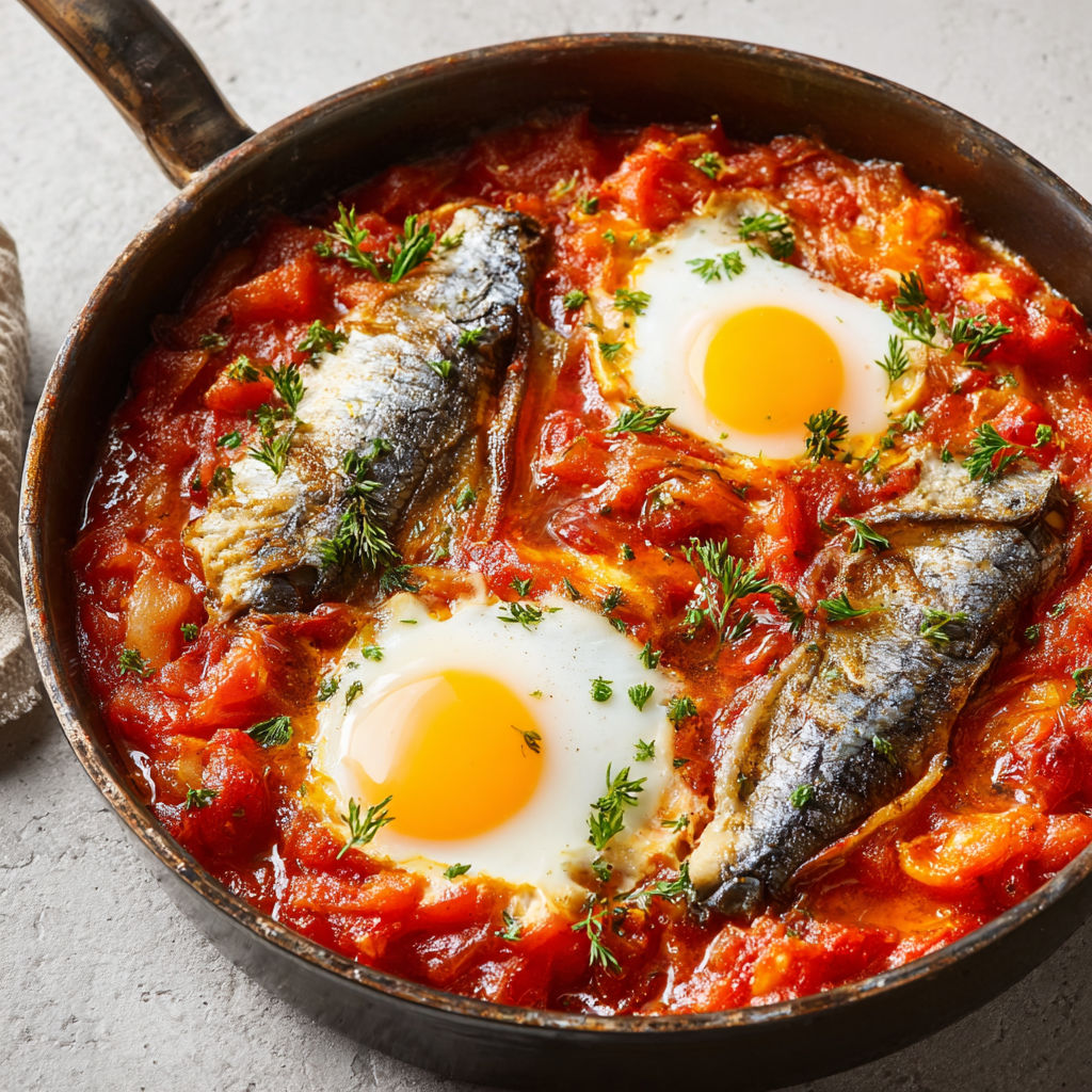 Une casserole de chakchouka EXPRESS avec des sardines en boîte.