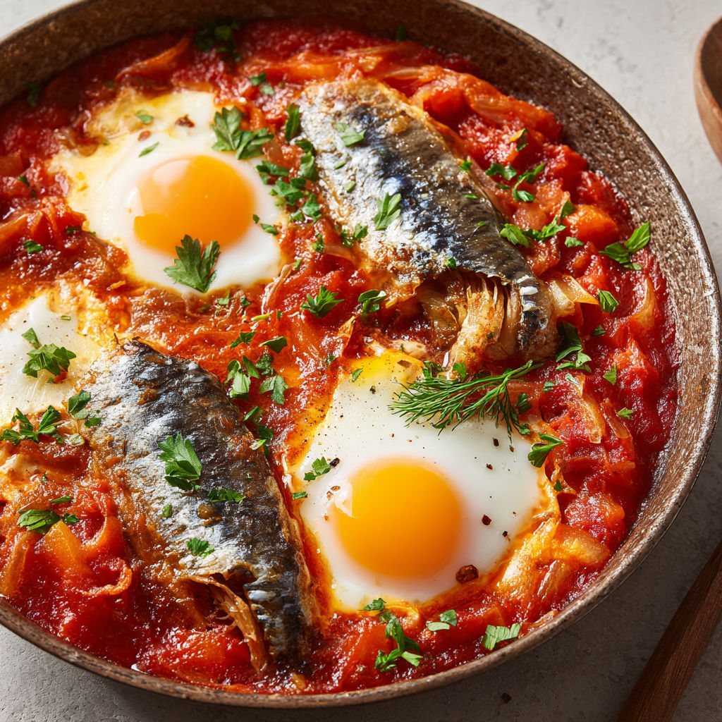 Shakshuka rapide aux sardines, œufs coulants et sauce tomate épicée.