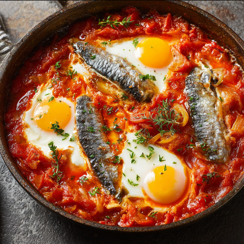 Chakchouka aux sardines en boîte, poêlée express aux œufs et paprika fumé.