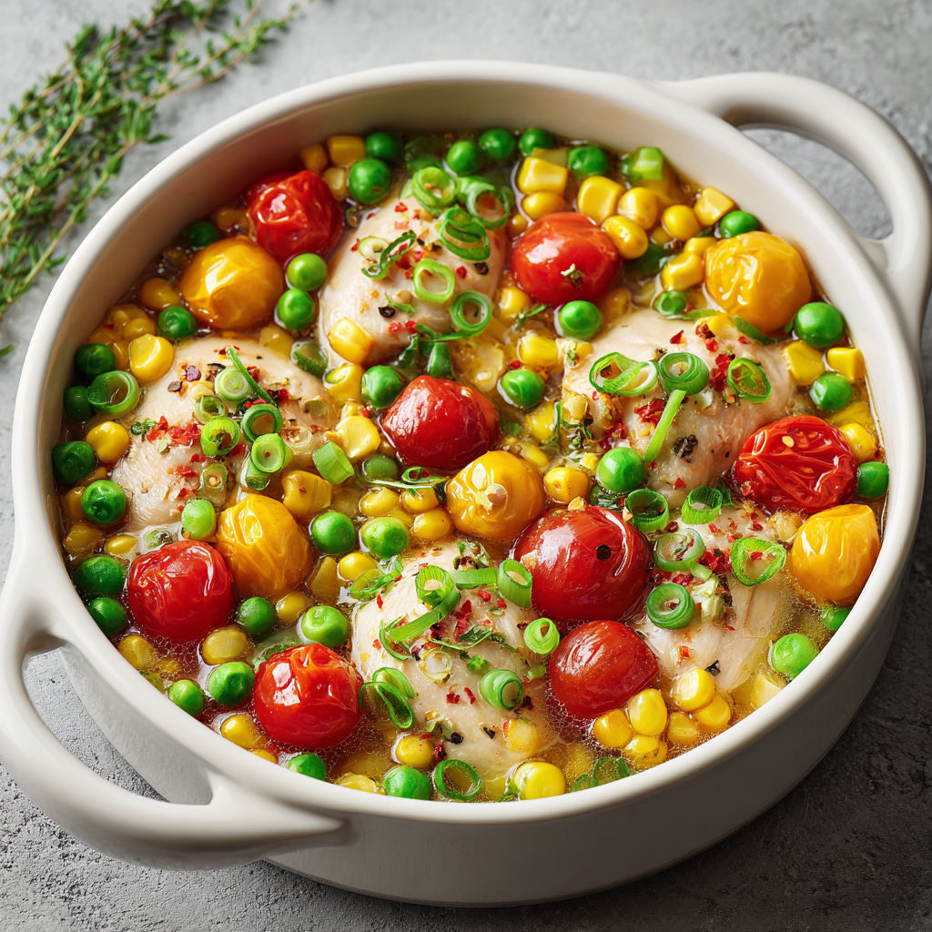 Casserole de poulet au maïs, aux petits pois et aux tomates succotash.