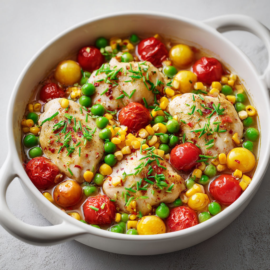 Poulet mijoté façon succotash, maïs doux, petits pois et tomates cerises.