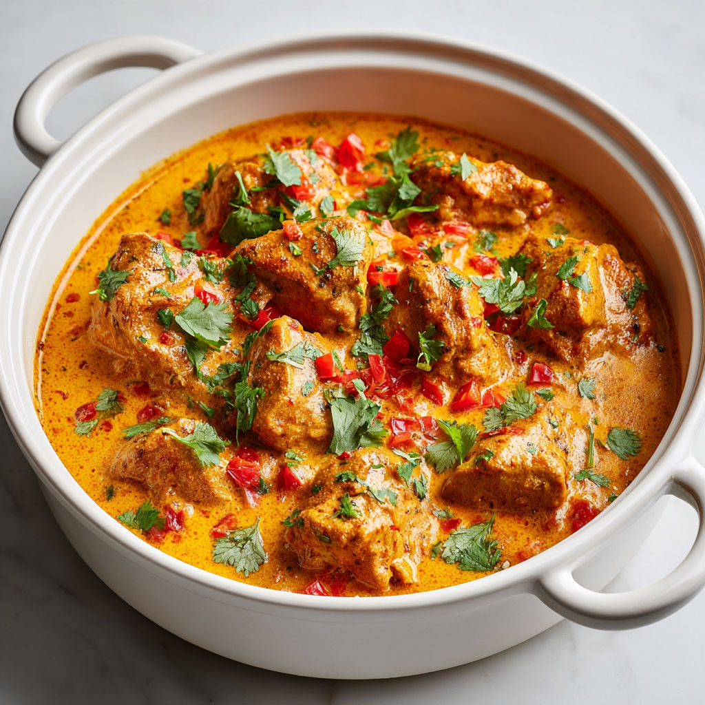 Un plat de poulet au beurre et aux épices, servit avec des légumes verts.