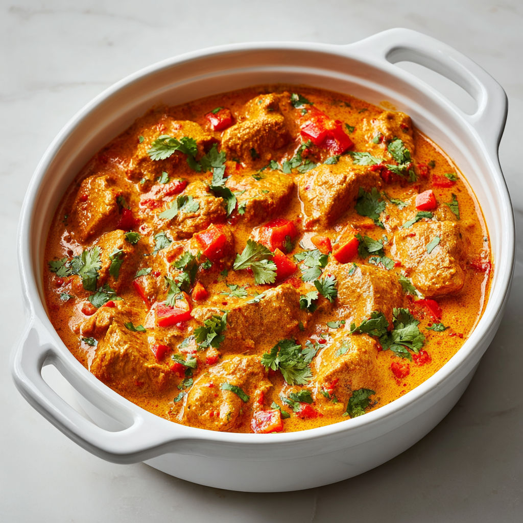 Poulet butter chicken mijoté lentement, sauce crémeuse aux épices indiennes.