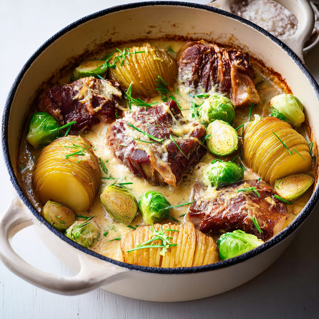 Un plat de porc braisé à la crème et pommes de terre Hasselback.