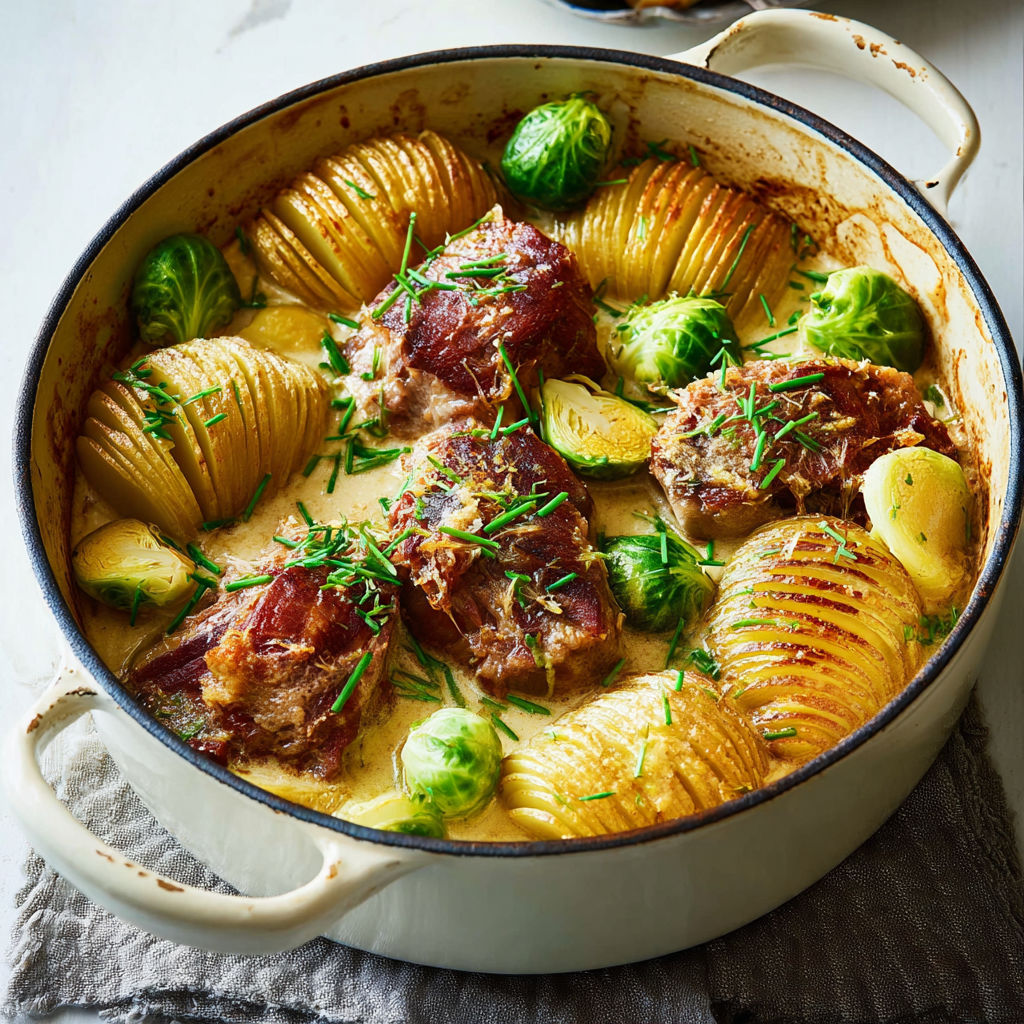 Porc mijoté à la crème et cidre, pommes de terre hasselback croustillantes et fondantes.