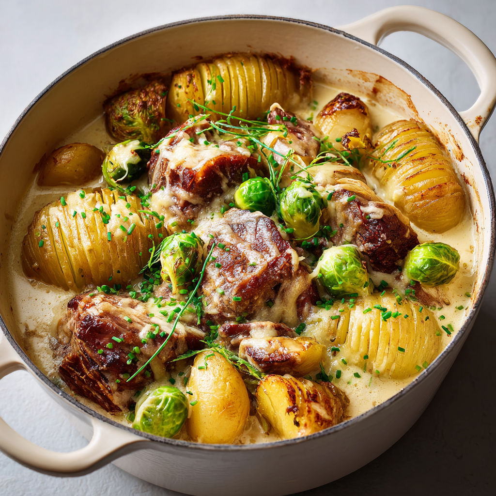 Rôti de porc braisé longuement, sauce crémeuse et pommes de terre hasselback au four.