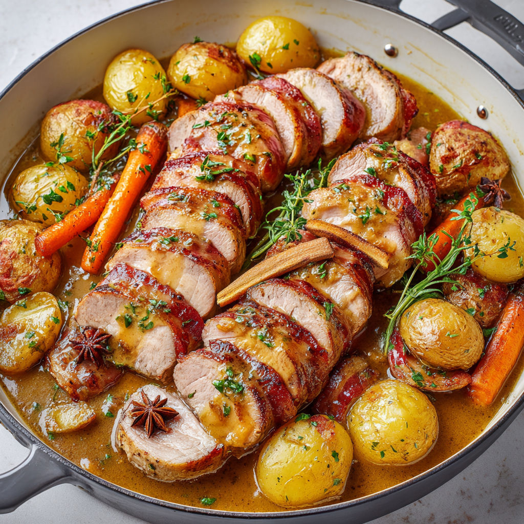 Porc rôti à l’érable et au bacon, légumes caramélisés et sauce aux arômes d’anis.