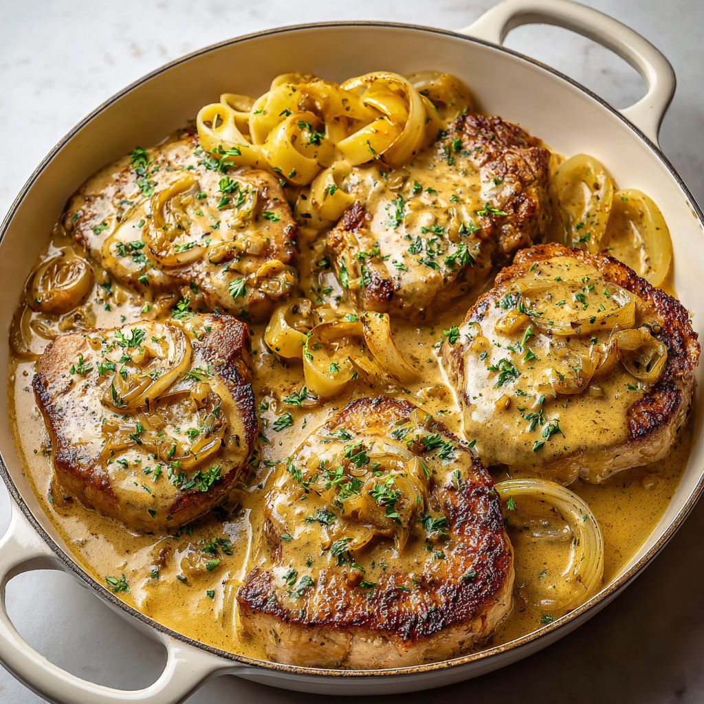 Une recette de Côtelettes de porc fondantes à la moutarde et aux oignons.
