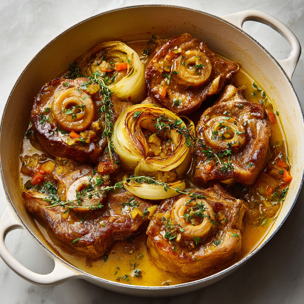 Un plat de viande de porc avec des légumes et des herbes, accompagné d'une polenta minute au fromage.