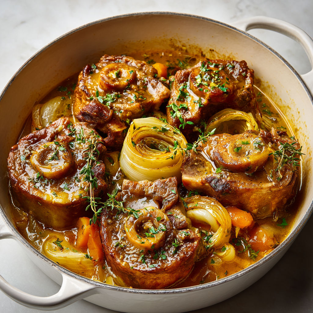 Osso buco fondant de porc aux agrumes et polenta au fromage.